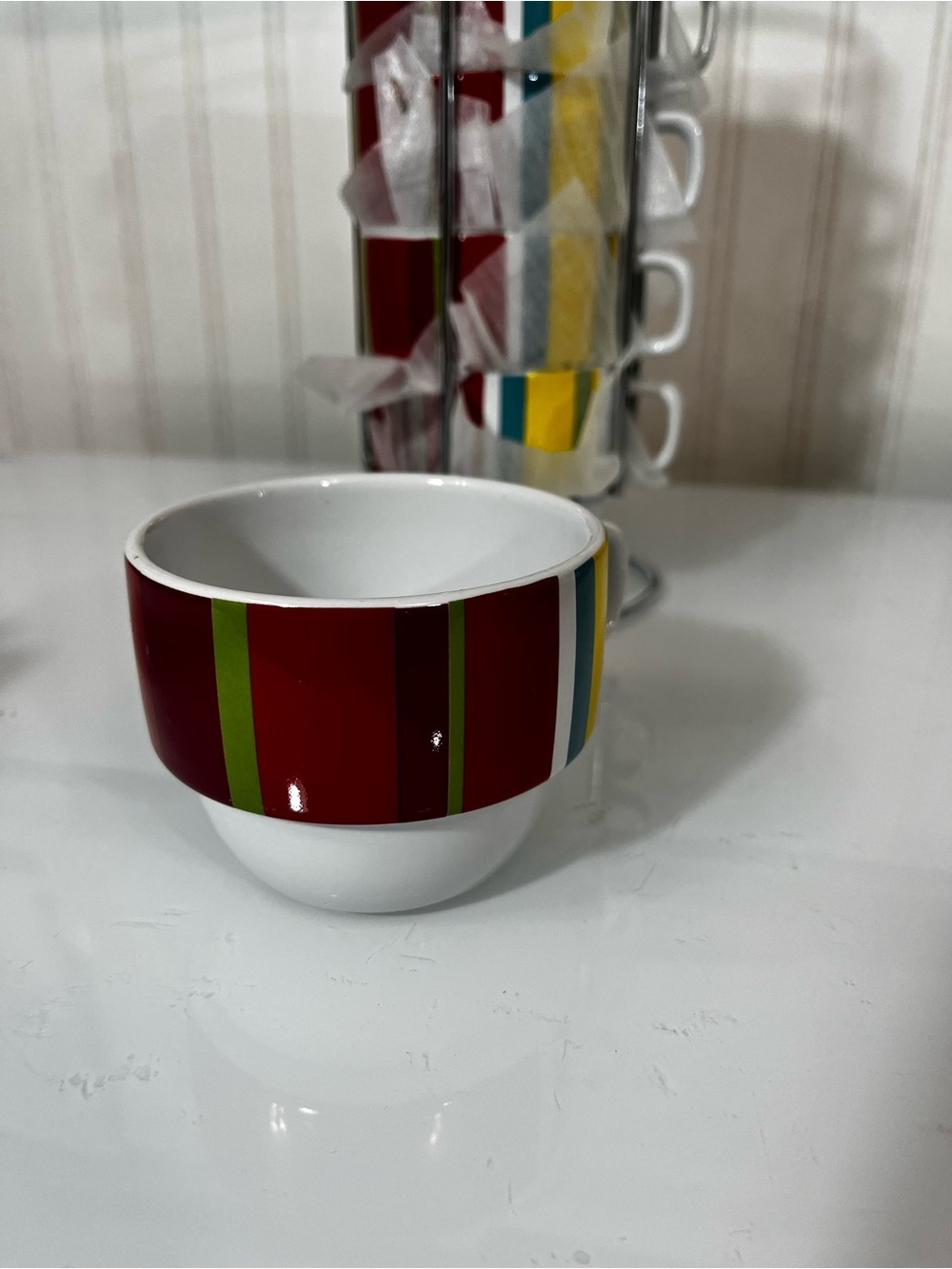 Cost Plus World Market White Ceramic Mug with Colorful Stripe Accents - Picture 5 of 7